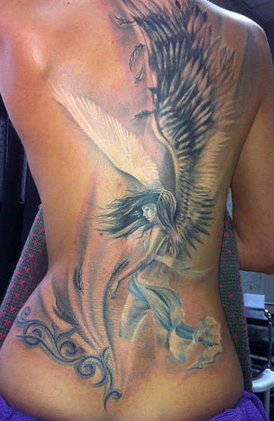 Tatuajes Arte Belleza Ideas Gran Lienzo de artista esta espalda con mujer alada angel en tonos celestes y negros