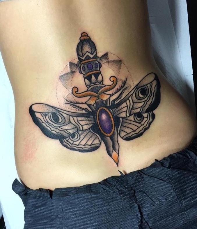 Tattoos Art Beauty Ideas Large Moth with Violet Gem and punal on Back and lower back