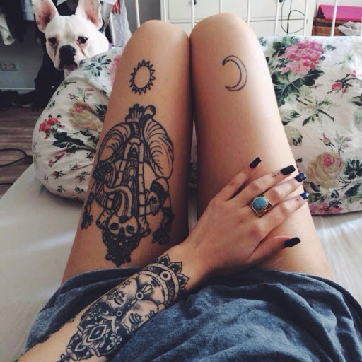Tattoos Art Beauty Ideas Sun Moon on each Leg and Abstract Tribal motif on thigh