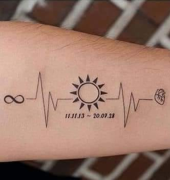 Pequenas lindas tatuagens para mulheres eletro e sol com duas datas de nascimento