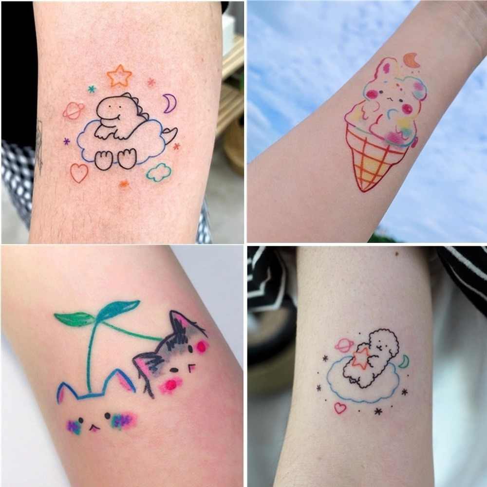 Kleine schöne Tattoos für Frauen und Mädchen im Stil von Dinosaurier und Wolkeneis, zwei Kätzchen und einem läutenden Schaf