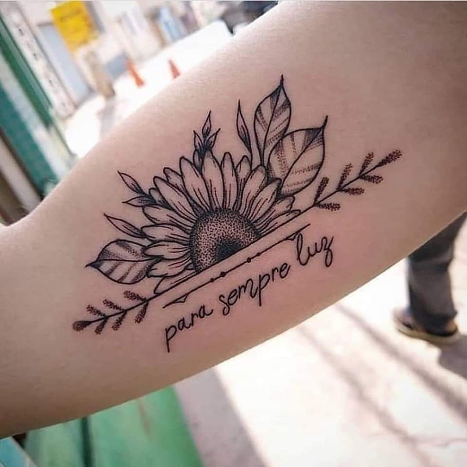 Beautiful Tattoos for Women Half sunflower and arrow with phrase forever Light