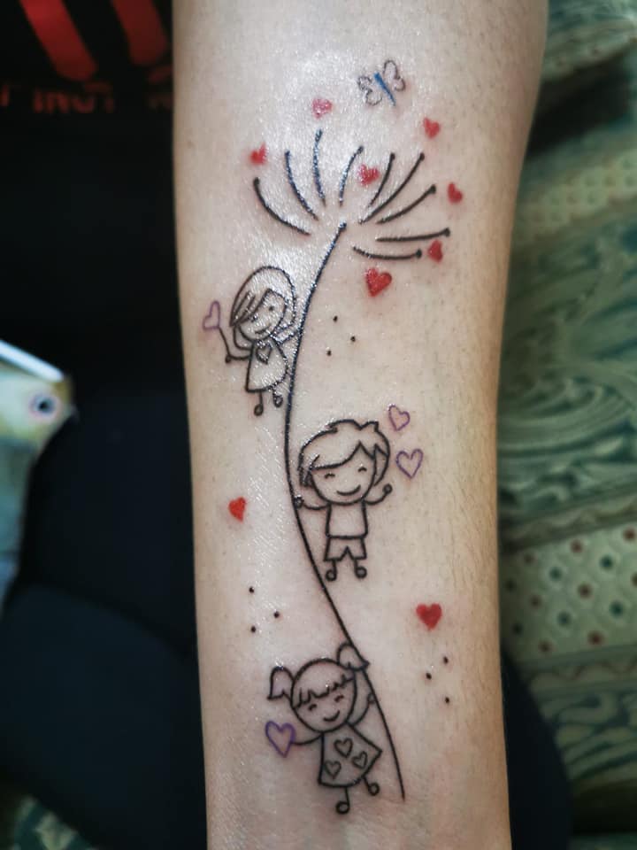 Beautiful and original Tattoos for Women Three children hanging from a dandelion with hearts and butterfly