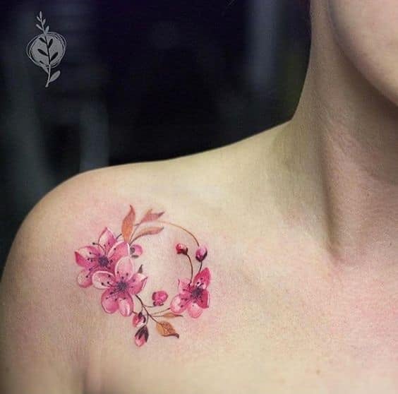 Tattoos Shoulder Women Circle and pink flowers