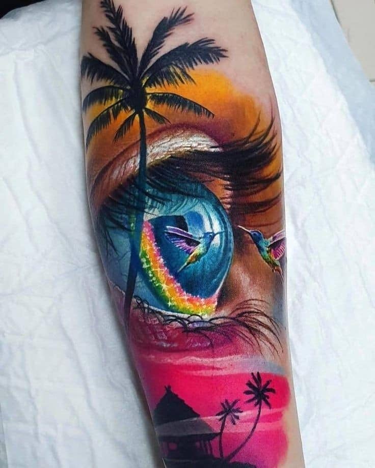 Full Color Artistic Sleeve Tattoos Hummingbird Reflected in Eye and Rainbow Palm Trees
