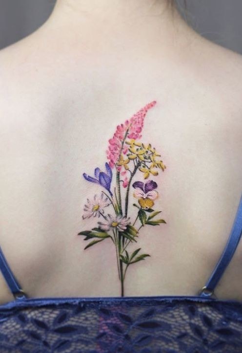 Tattoos for women back shoulder blades flowers sprig of color 4
