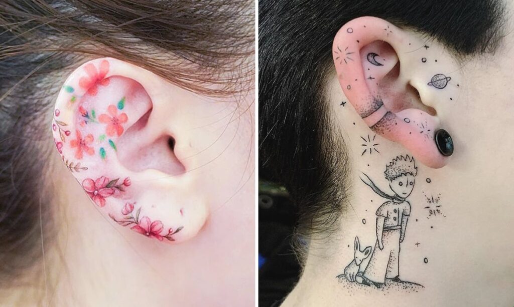 Tatuaggi sulle orecchie con fiori rossi e il piccolo principe con le stelle