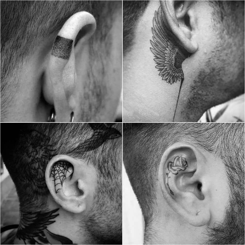 Tattoos Ohren mit verschiedenen Motiven, verblasste Streifen, Blumen, Spinnennetz und Engelsflügel