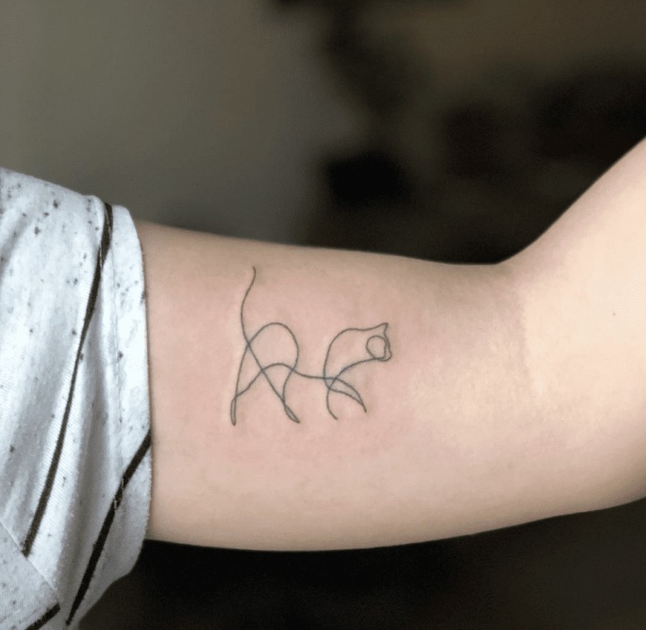 Tatuajes aesthetic super minimalistas hilo con forma de gato en brazo