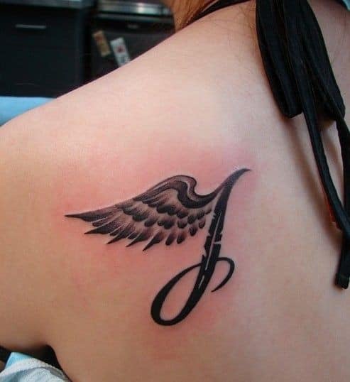 Beautiful tattoos for women Letter J with Wings on shoulder blade