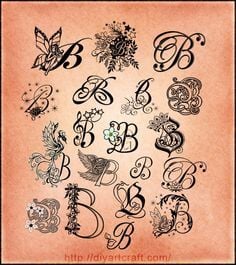 Tatouages avec le croquis des lettres B de diverses idées de différentes polices