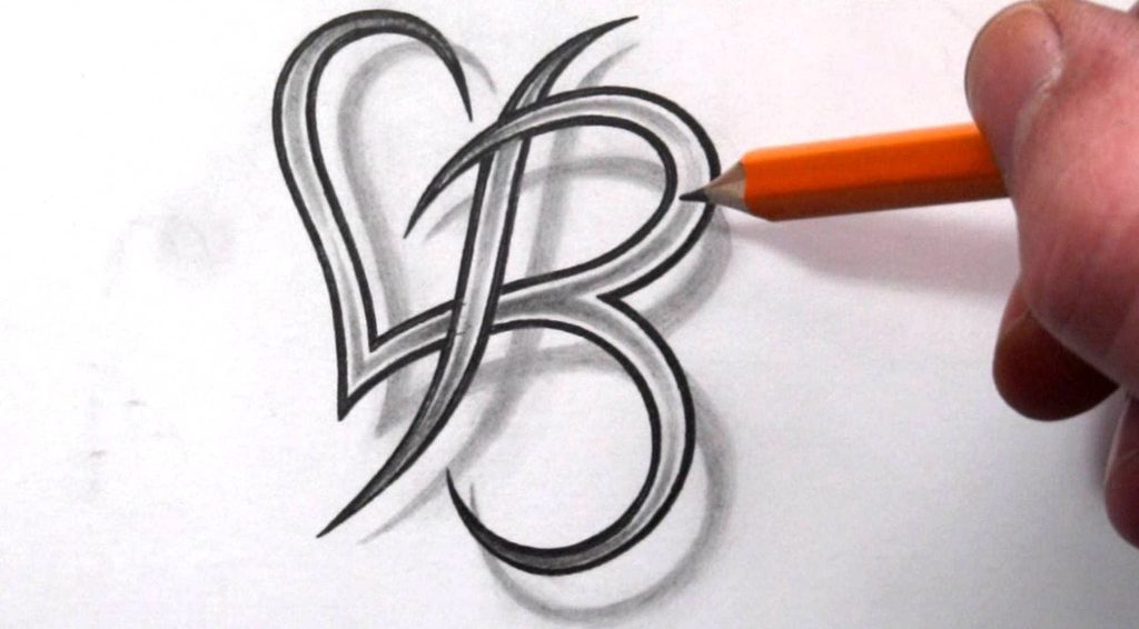 Tatouages avec le modèle de croquis Lettres B avec coeur et ombre