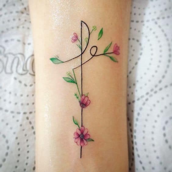 Tatouages avec le mot Faith petite et délicate branche avec des fleurs