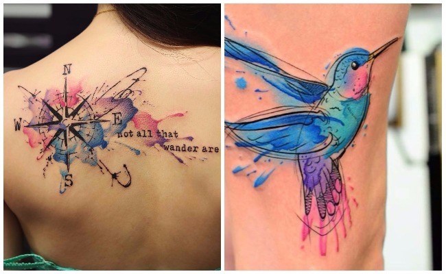 Tatuagens de Aquarela Rosa dos Ventos e inscrição nem tudo que vagueia é inglês