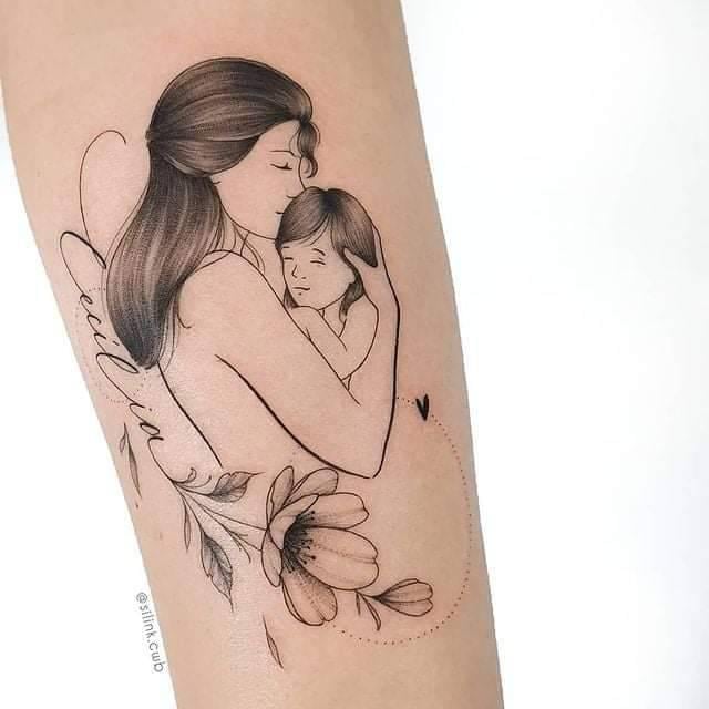 Tattoos of Love from a mother to a son Mother hugging her daughter with the name Cecilia