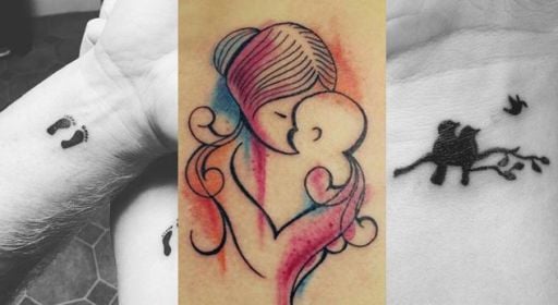 Tatuajes de Angelitos Bebes con trazos de acuarela madre abrazando a bebe