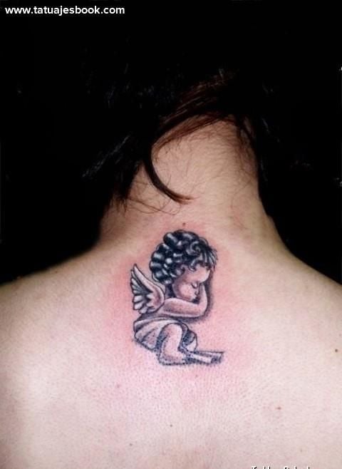 Tattoos of Little Angels Babies at the base of the neck in black