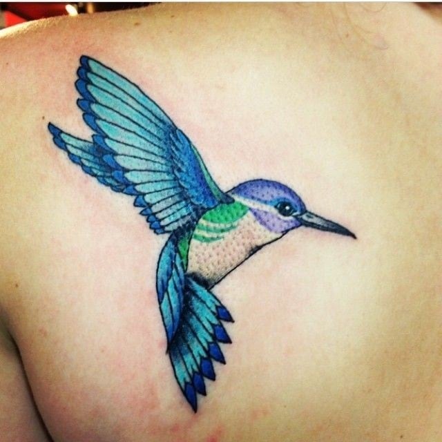 Hummingbird tattoos on shoulder blade