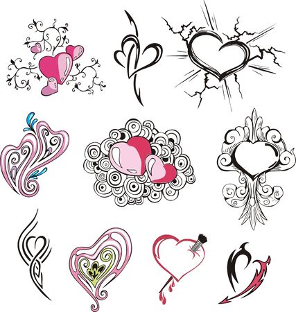 Modello di schizzo di tatuaggi di cuore diversi motivi astratti