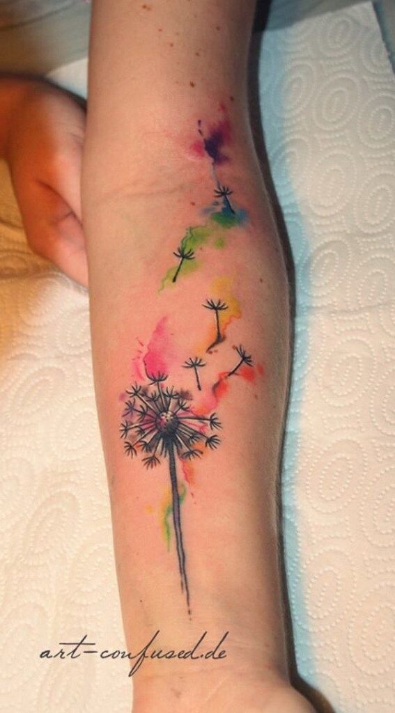 Watercolor Dandelion tattoos on the entire forearm red green