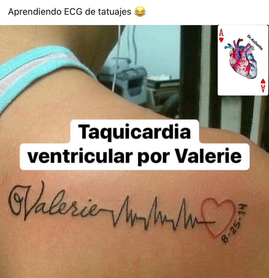 Tatuagens de eletrocardiograma com nome e coração vermelho Valerie e data