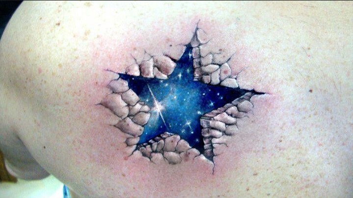 Abstract style Star tattoos with 3d type crack on the back