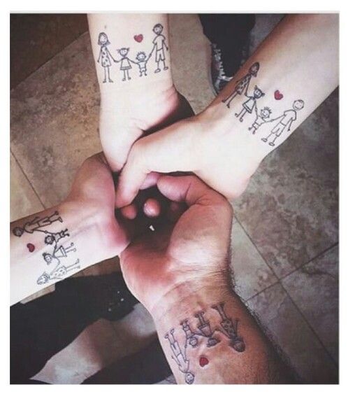 Family tattoos on four wrists Mother Father and two children with hearts