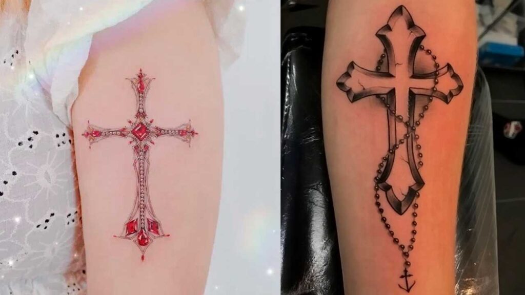 Tatuajes de Fe y Cruces hermosa cruz en el brazo tipo antigua con gemas rojas de rubi