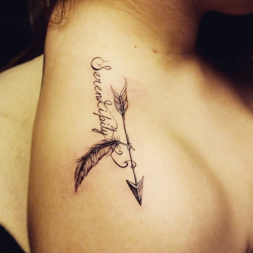 Arrow tattoos with delicate inscription and feather Serendipily 75 2