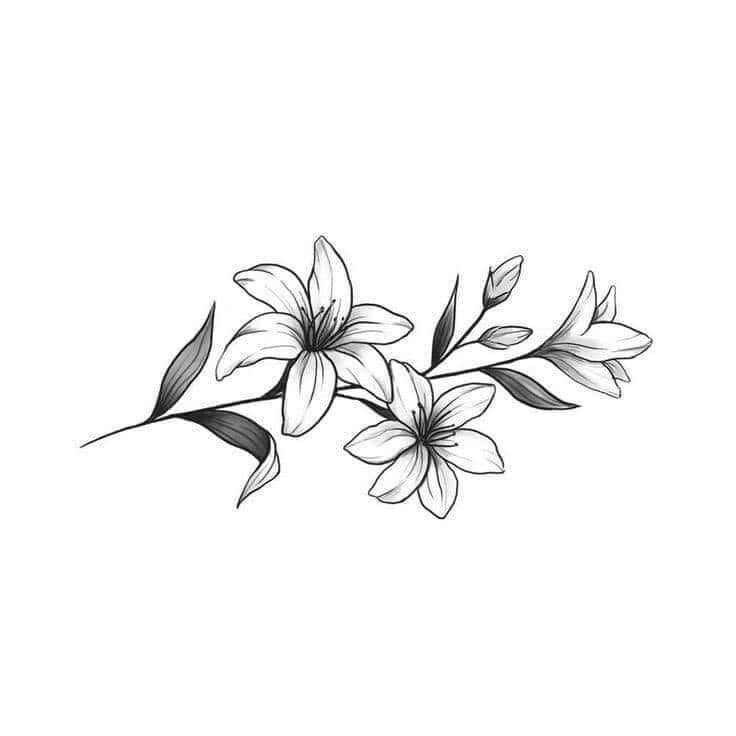 Ramo di modello di schizzo di tatuaggi fiore nero con steli