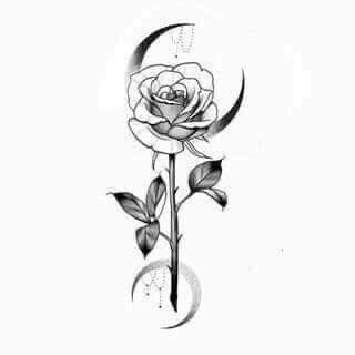Skizzenvorlage für schwarze Blumentattoos mit Rose und zwei Monden mit Ketten