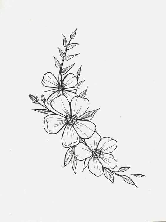 Modello di schizzo di tatuaggi fiore nero di un ramoscello con 3 fiori