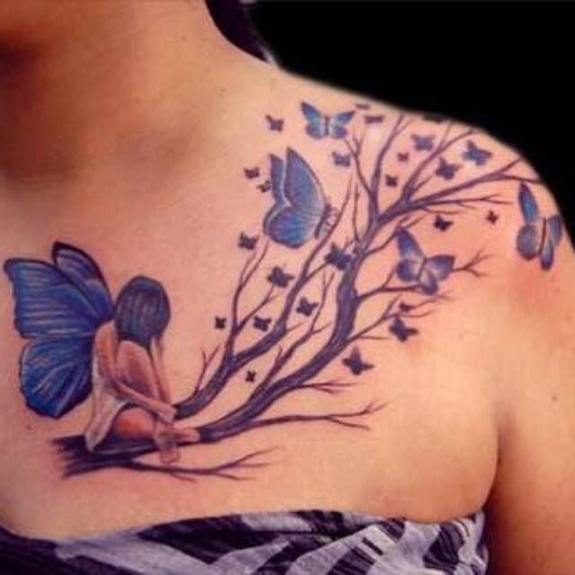 Fairy tattoos with blue butterflies and butterfly wings on the neck and on the chest
