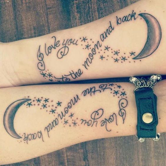 Beautiful infinity tattoos with letters forming it and half moon