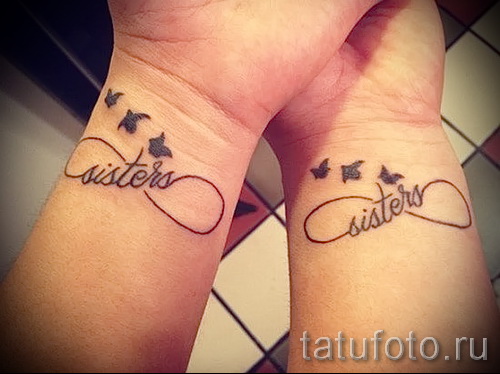 Infinity tattoos for sisters on both wrists with three birds and the word sisters