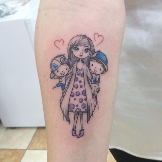 Tattoos from Mothers to Children mother with her two children hearts and purple polka dot dress