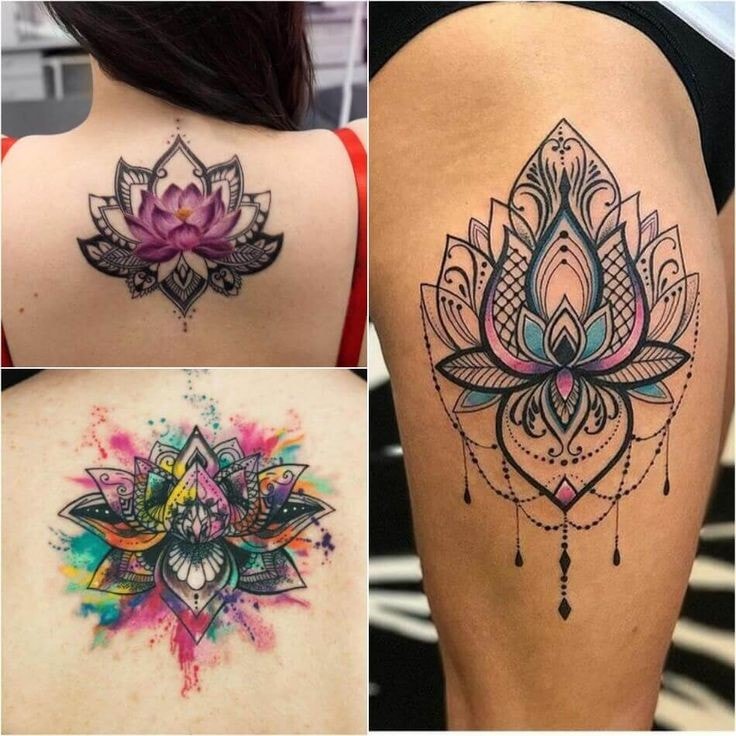 Mandalas Tattoos in Farben 3 Motive auf dem Rücken und Oberschenkel