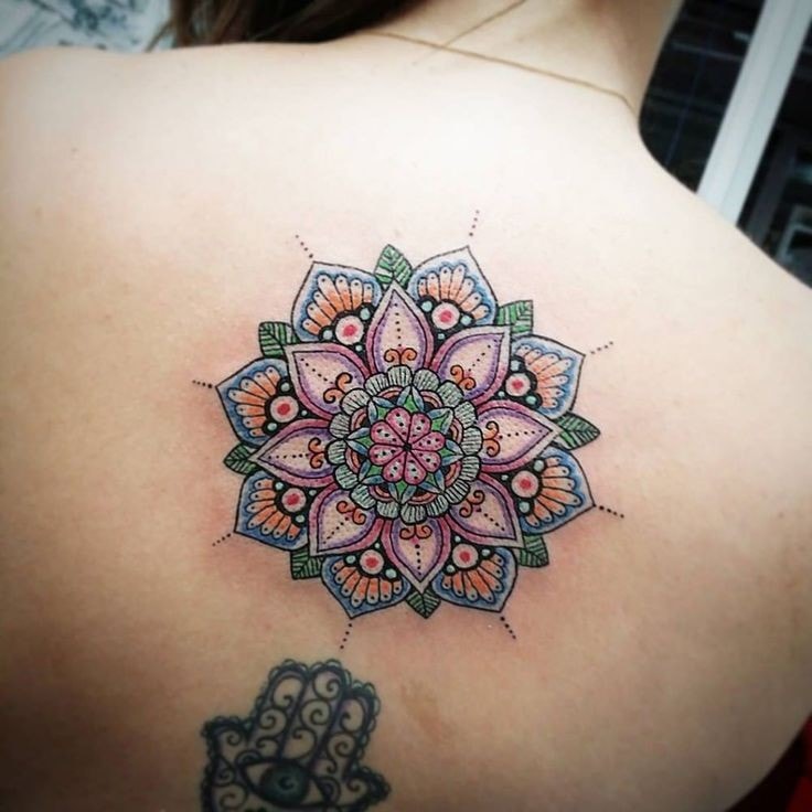 Tatuajes de Mandalas en el centro de la espalda mas mano con ojo