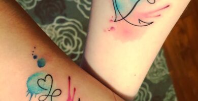 Tatuajes de Match para Amigas Parejas Hermanas ancla en acuarela celeste y rosada