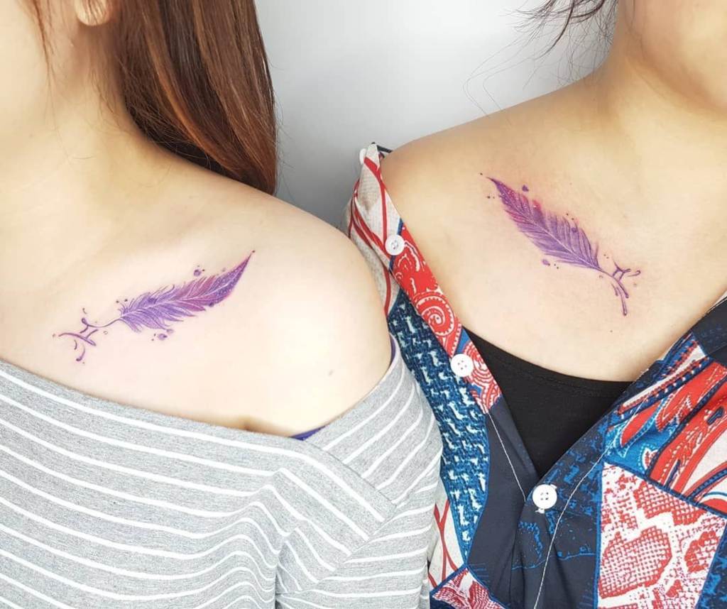 Match Tattoos for Friends Couples Sisters violet feathers on clavicle