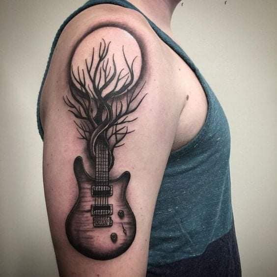 Tattoos mit Musik, E-Gitarre und Zweigen mit Kreis für den Arm