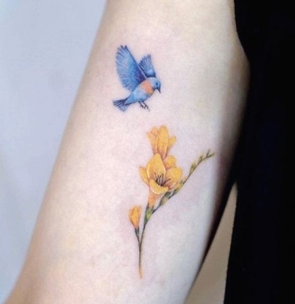 Tatuagens de pássaros pássaro se acomodando em flores amarelas