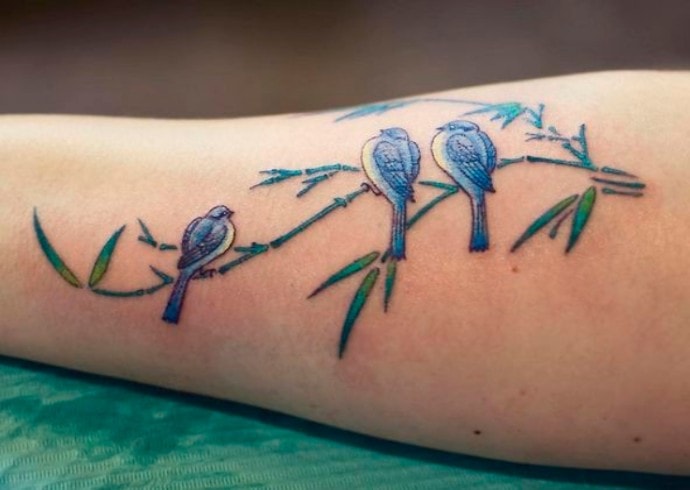 Tatuaggi di uccelli: tre uccelli blu sui rami di canna