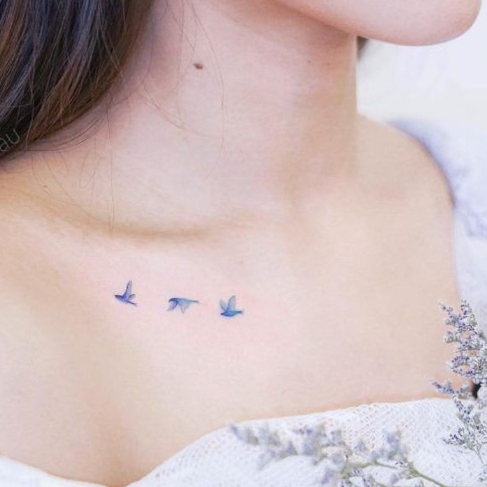 Pássaro tatua três pequenos pássaros azuis na clavícula