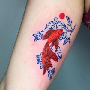 Orange Fish and Blue Branch Outline Tattoos