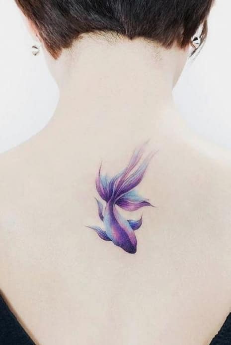Violet fish tattoos below the neck