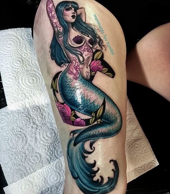 Full color Mermaid tattoos on thigh
