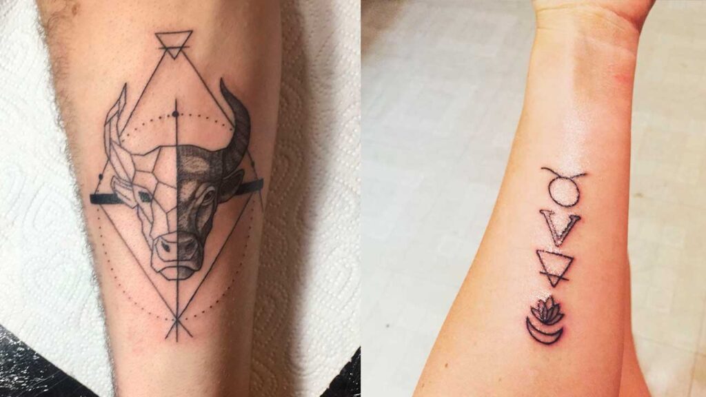 Taurus tattoos inscribed in rhombus along with runes