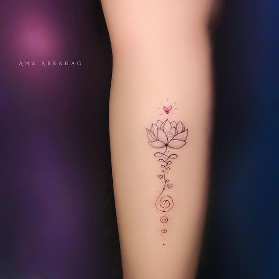 Unalome tattoos with lotus flower and heart