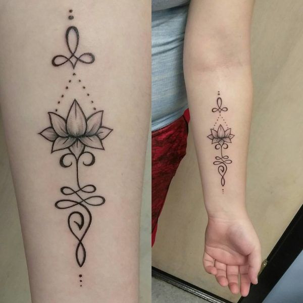 Unalome contour tattoos on forearm detail